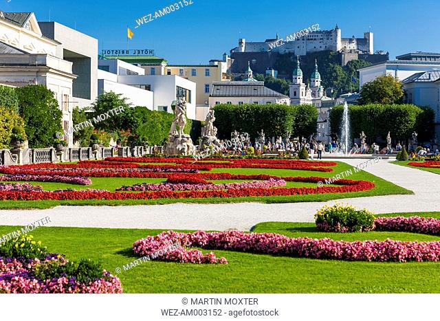 Austria, Salzburg State, Salzburg, Mirabell Garden at Mirabell Palace and Hohensalzburg Castle in the background