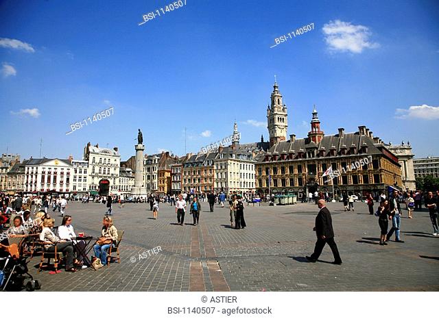 LILLE, FRANCE The Grand Place place Général de Gaulle with, the Old Bourse in second ground on the right, and the Belfry classifyied monument in background