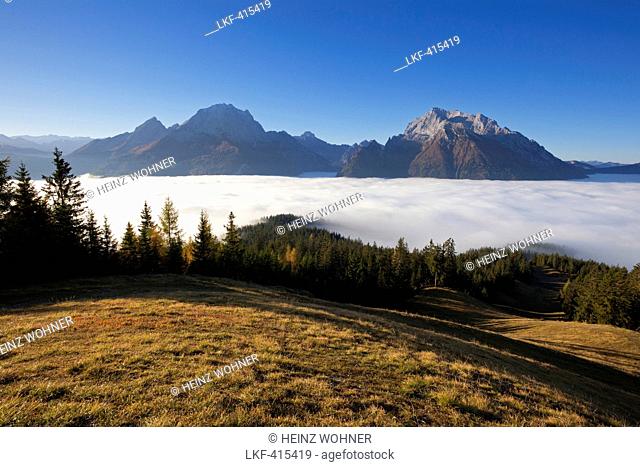 View over the fog in the valley onto Watzmann and Hochkalter, Berchtesgaden region, Berchtesgaden National Park, Upper Bavaria, Germany, Europe