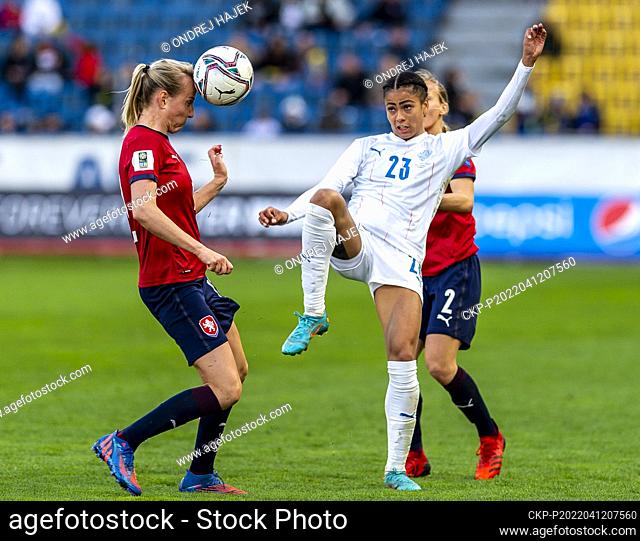 L-R Klara Cahynova (Czech) and Sveindis Jane Jonsdottir (Island) in action during the qualification match Iceland vs Czech Republic, Group C