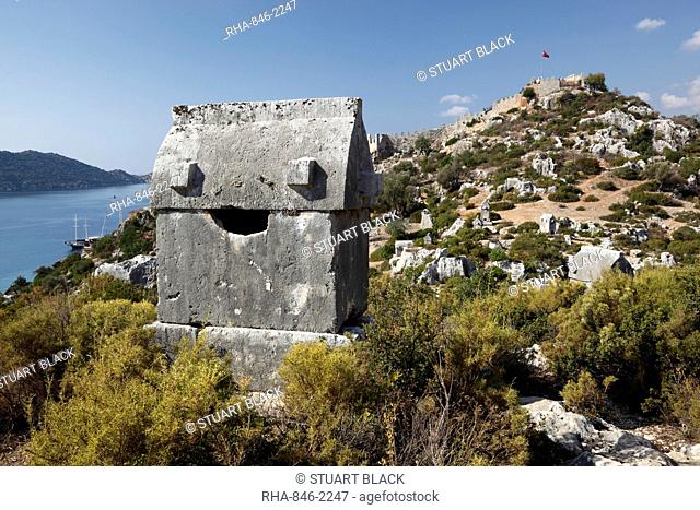 Lycian sarcophagus and castle, Simena (Kalekoy), Kekova, Lycia, Antalya, Mediterranean Coast, Southwest Turkey, Anatolia, Turkey, Asia Minor, Eurasia