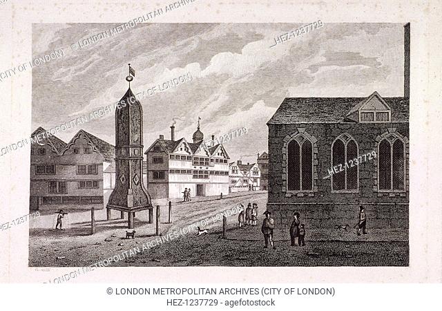 North east view of Bishopsgate, London, looking towards Cornhill, 1814; showing the north side of St Martin Outwich and the pump
