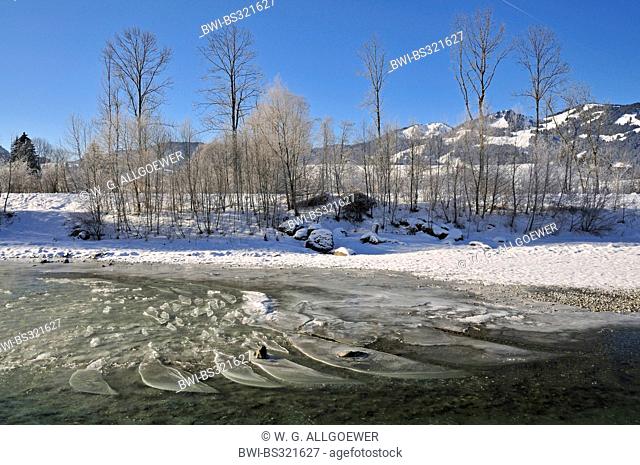 frozen Iller river in winter, Germany, Bavaria, Allgaeu, Oberstdorf