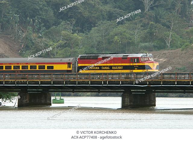 Panama Canal train crossing a bridge near Gamboa