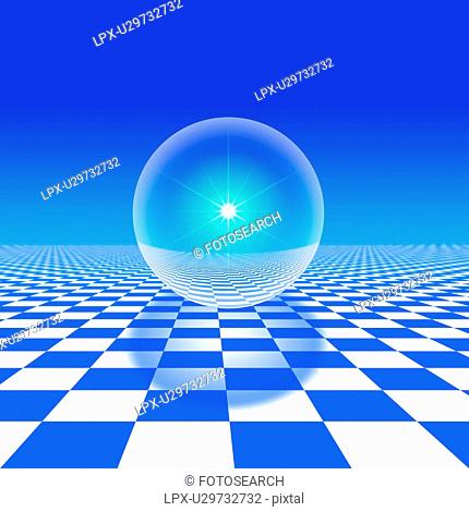 Sphere over checked floor, computer graphic, blue background