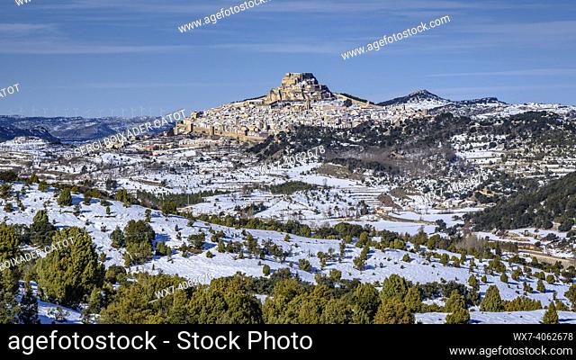 Medieval castle and walled city of Morella on a winter day after a snowfall (Castellón province, Valencian Community, Spain)