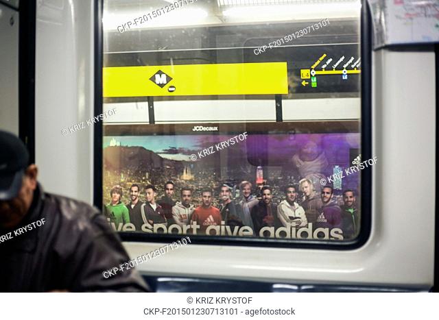 Advertising Adidas, FC Barcelona, passengers in Metro in Barcelona, Spain on December 28, 2014. (CTK Photo/Krystof Kriz)