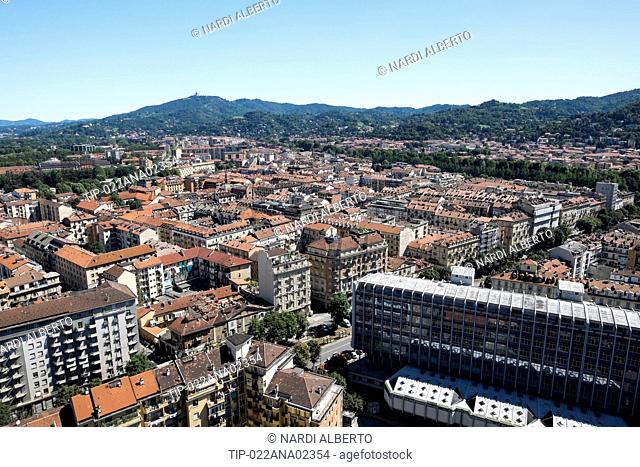 Italy, Piedmont, Turin, panorama view of the city from The Mole Antonelliana; bg.: Superga hill