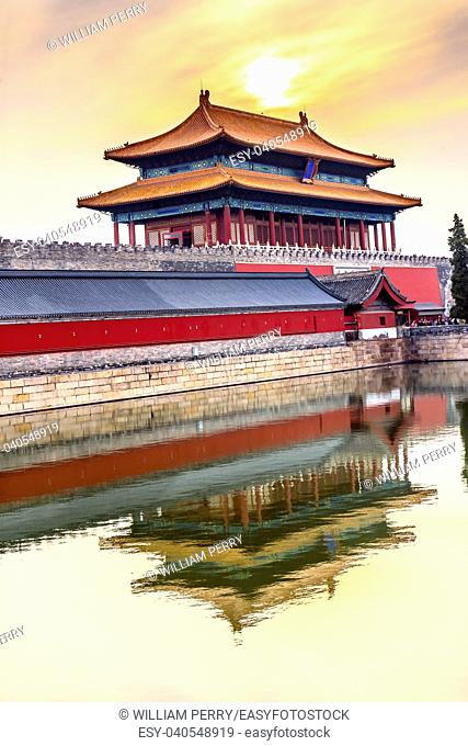 Rear Gate Heavenly Purity Gugong Forbidden City Moat Canal Palace Wall Beijing China. Emperor's Palace Built in the 1600s in the Ming Dynasty