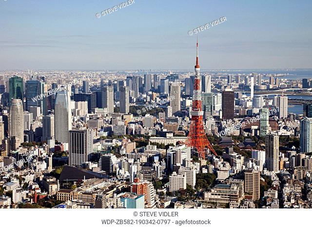 Japan, Tokyo, Roppongi, View of Tokyo Tower and City Skyline from Tokyo City View Tower
