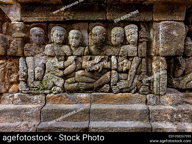 Bas-relief in Borobudur Buddist Temple - island Java Indonesia - architecture background