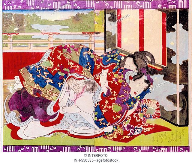 fine arts, Japan, graphic, the coalescene, colour woodcut, student of Utagawa Kunisada, circa 1870, private collection, Asia, erotic, eroticism, sexuality, sex