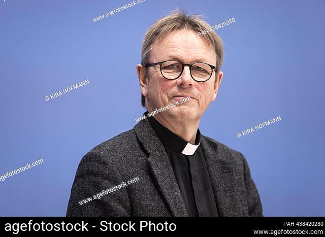Praelat Dr. Karl Juesten, Catholic Chairman of the GKKE, Commissariat of German Bishops, taken at a federal press conference on the 2023 defense export report...
