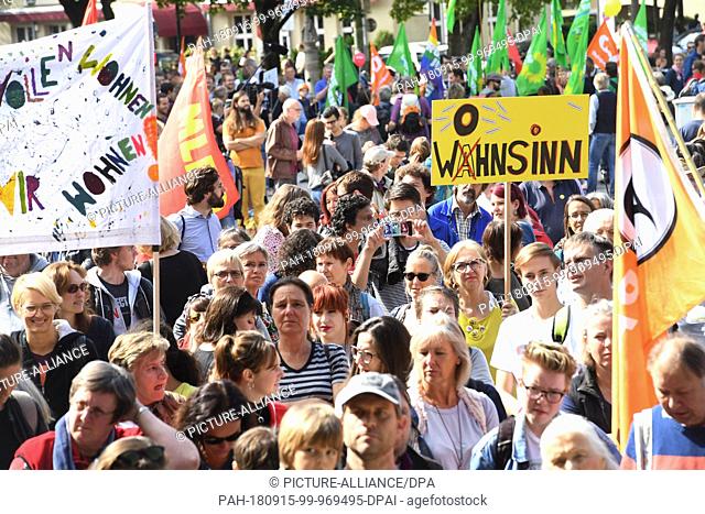 15 September 2018, Bavaria, Munich: 15 September 2018, Germany, Munich: People protest at the demonstration for affordable housing and against social exclusion...