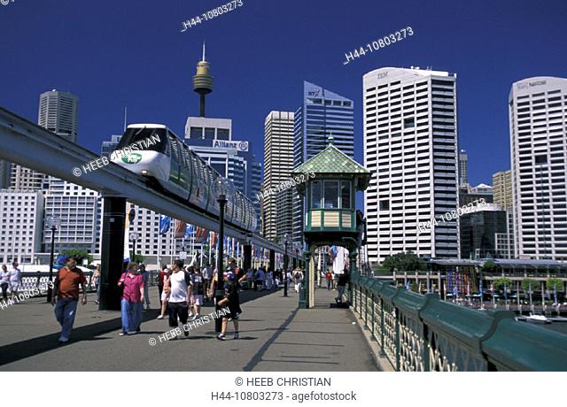 Australia, Darling harbor, New South Wales, Sydney, city, tower, train, monorail, railsway