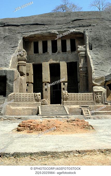 Cave 3, Kanheri Caves Mumbai. General-View of the facade of Chaitya. The Kanheri Caves constitute a group of rock-cut monuments