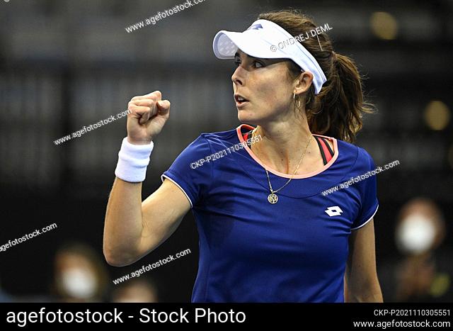 Alize Cornet of France reacts during Group A match of the women’s tennis Billie Jean King Cup (former Fed Cup) against Anastasia Pavlyuchenkova of Russia in...