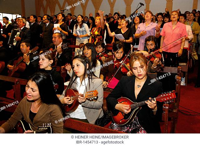 Women making music, worship service, Catedral Evangelica de Chile, Pentecostal Church, Santiago de Chile, Chile, South America