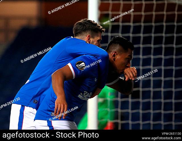 Rangers' Alfredo Morelos (right) celebrates scoring their side's first goal of the game during the UEFA Europa League match at the Ibrox Stadium, Glasgow