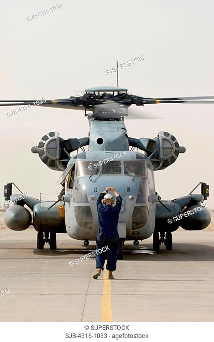 A US Marine Corps CH-53D Sea Stallion Helicopter at Al Asad Air Base in Al Anbar Province