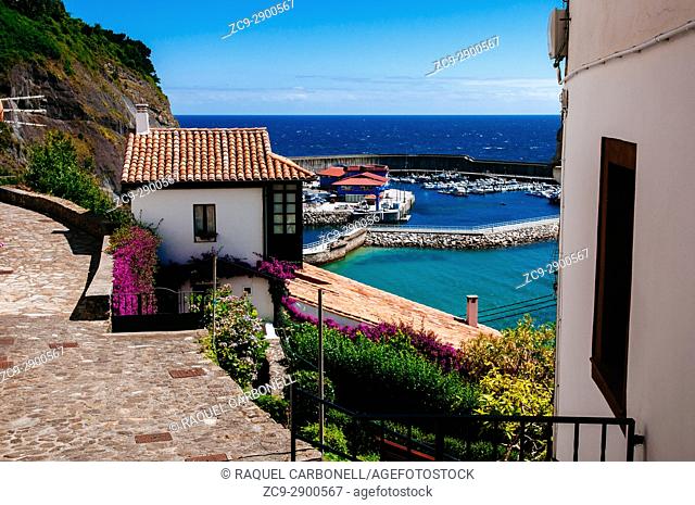 Elevated view of port from village, Lastres, Asturias, Spain