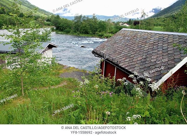 Rural architecture in Oldendalen valley, Lake Oldevatnet, Stryn, Norway