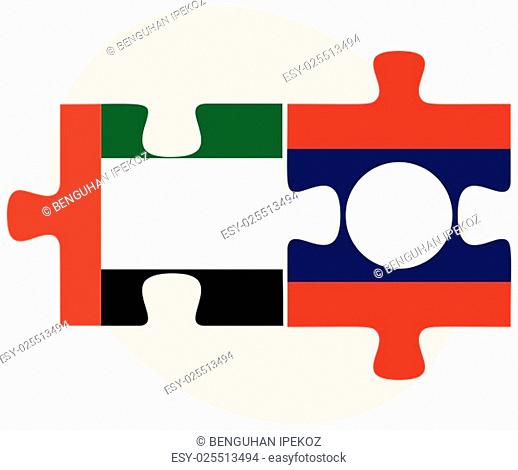 United Arab Emirates and Laos Flags in puzzle isolated on white background