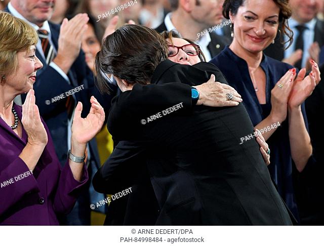 The publicist Carolin Emcke hugs her laudator Seyla Benhabib during the award ceremony of the Peace Prize of the German Book Trade at the Paul'S church in...