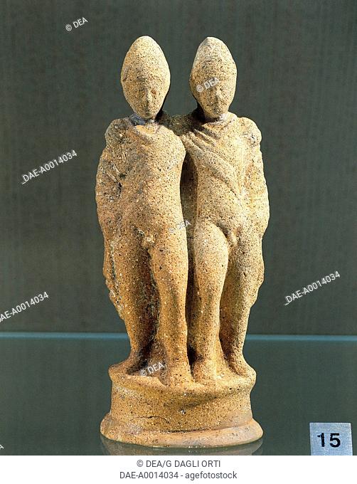 Hellenistic art, 4th-1st century b.C. Terracotta statue depicting Castor and Pollux, 333-64 b.C. From Kharayeb, Lebanon.  Beirut