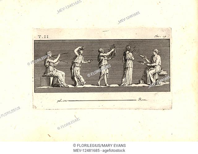 A Bacchic chorus of musicians and dancers with tibiae (woodwind), cithara (lyre) and cymbals. Copperplate engraving by Tommaso Piroli from his Antiquities of...