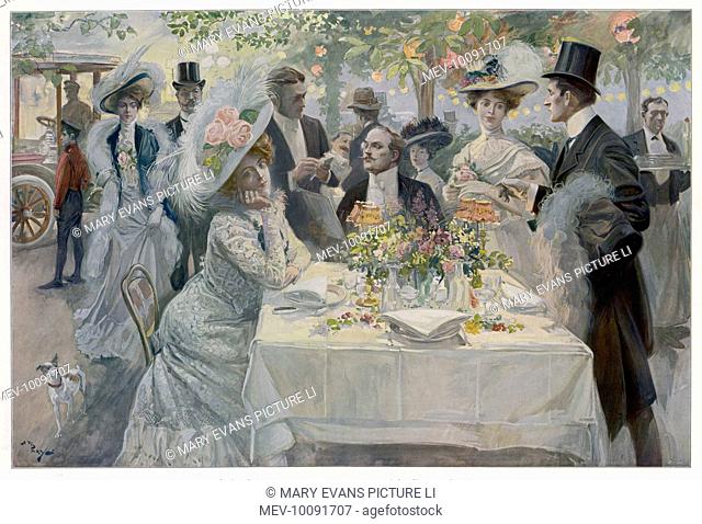 Fashionable diners order their meal at a garden restaurant in the Bois de Boulogne, Paris, while other equally fashionable guests arrive in their...