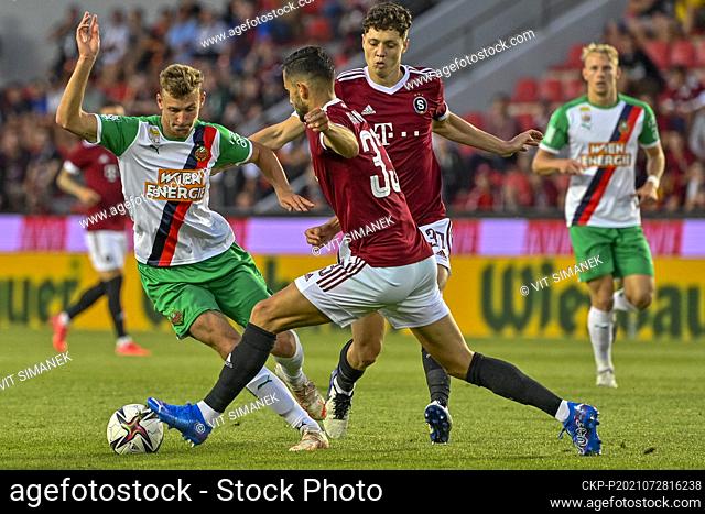 L-R Lion Schuster (Rapid), David Hancko and Ladislav Krejci (both Sparta) in action during the UEFA Champions League second qualifying round return match Sparta...