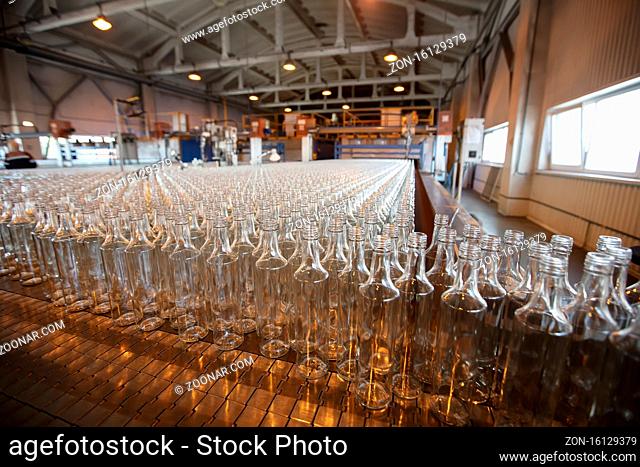 Glassworks. Glass industry. Many glass bottles on a factory conveyor