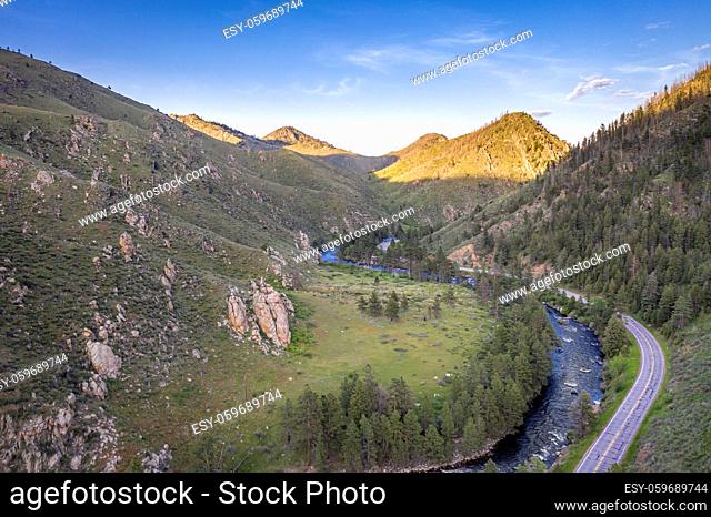 Poudre River and Canyon - aerial view with late spring scenery