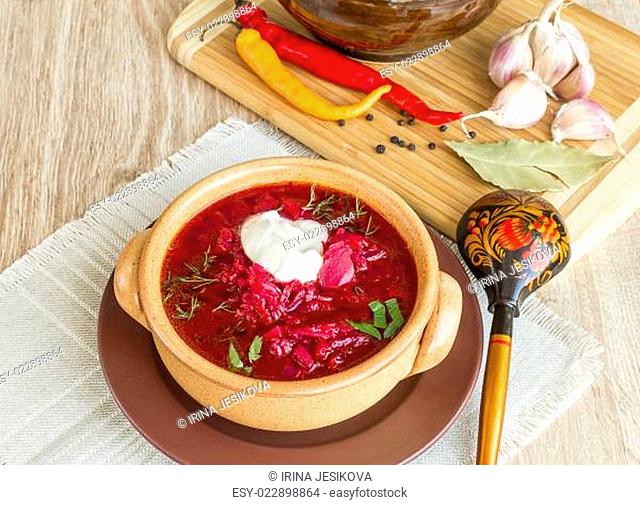 Ukrainian and russian national red soup borsch