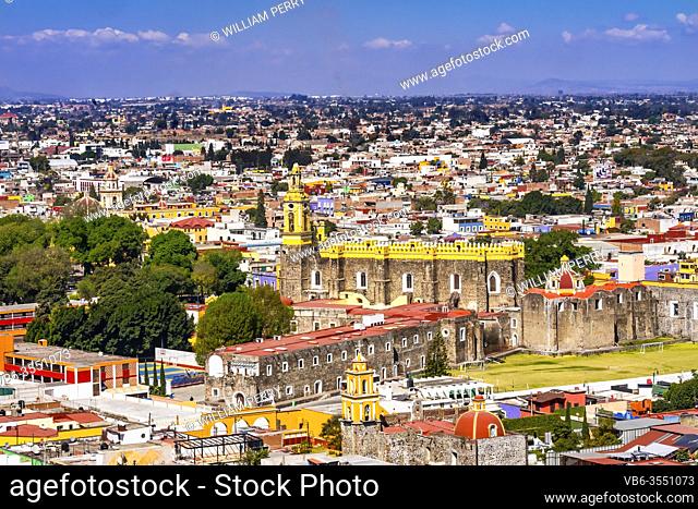 Overlook Colorful Churches Cityscape Restaurants Shops Cholula Puebla Mexico. Churches built 1500s and 1600s
