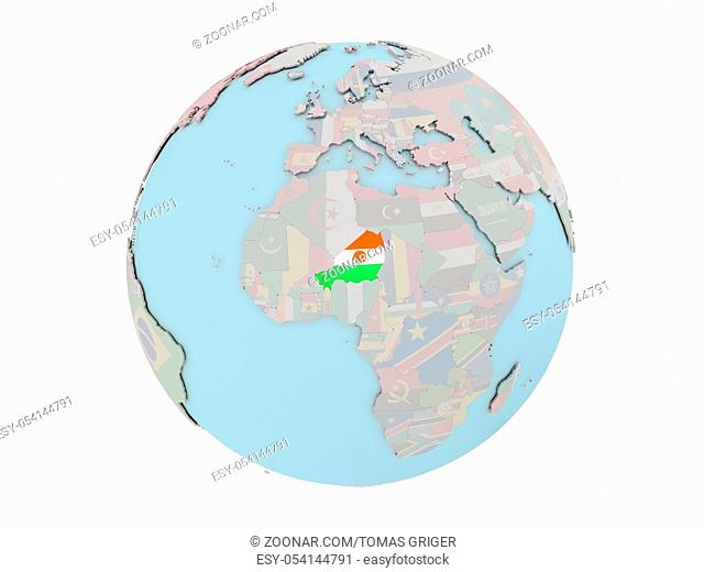 Niger on political globe with embedded flags. 3D illustration isolated on white background