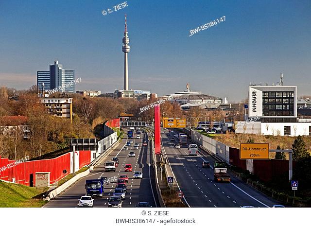 motorway A40 and television tower Florian, Germany, North Rhine-Westphalia, Ruhr Area, Dortmund