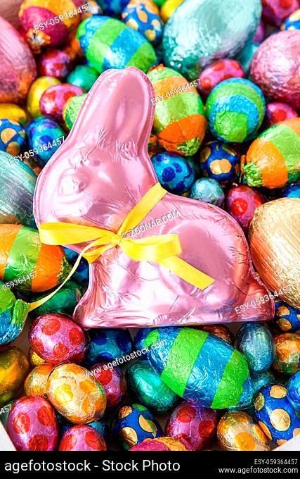 Bright cheerful easter eggs and chocolate bunny
