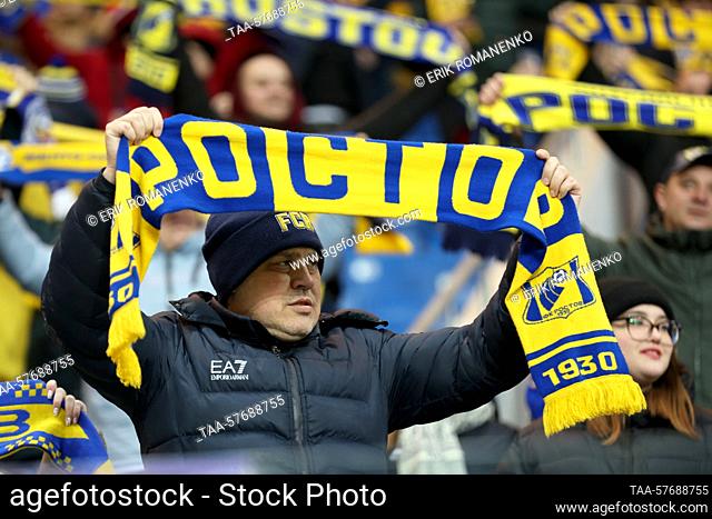 RUSSIA, ROSTOV-ON-DON - MARCH 4, 2022: FC Rostov's fans root for their team in the 2022/23 Russian Premier League Round 18 football match against FC Lokomotiv...