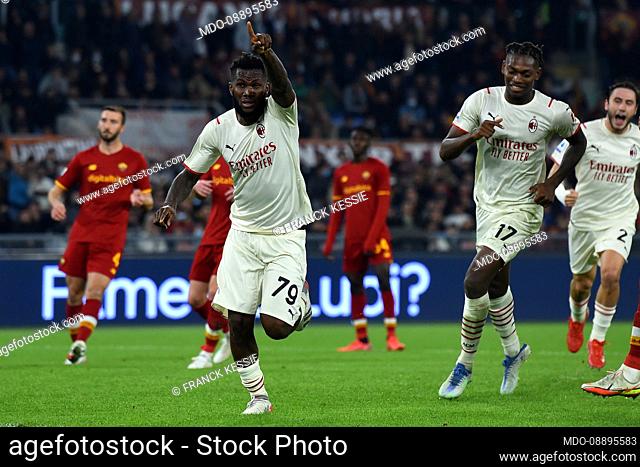 The Footballer of Milan Franck Kessie celebrating after score the goal during the match Roma-Milan at the stadio Olimpico