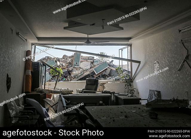 14 May 2021, Palestinian Territories, Gaza City: A picture shows the remains of the destroyed Al-Jalaa tower, which housed several media outlets including The...