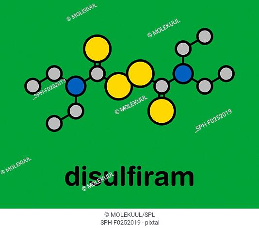 Disulfiram alcoholism treatment drug molecule. Stylized skeletal formula (chemical structure). Atoms are shown as color-coded circles with thick black outlines...