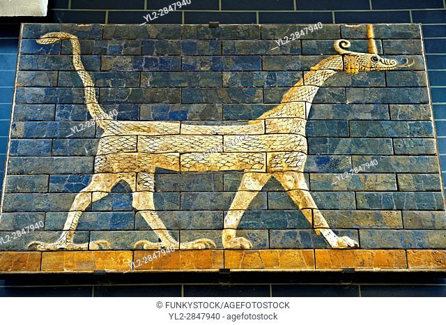 Dragon relief on glazed bricks from the Ishtar Gate, Babylon, Iraq constructed in about 575Â BC by order of King Nebuchadnezzar II on the north side of the city