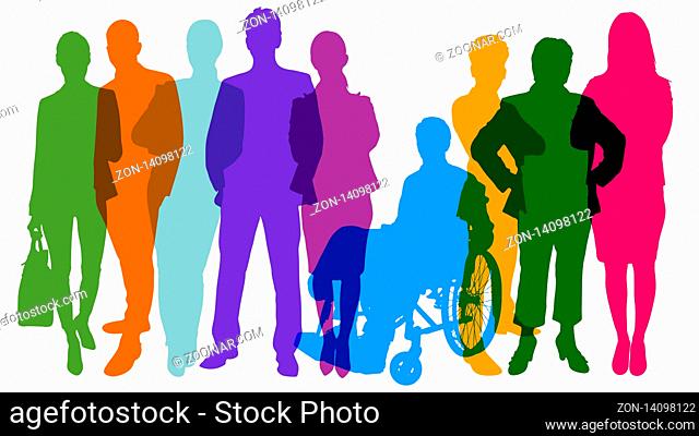 Bunte einfarbige Silhouetten vieler verschiedener Leute als Bevölkerung und Business Teamwork Konzept