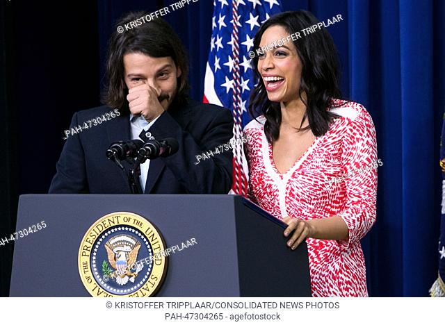 Actor and Director Diego Luna, left, and Actress Rosario Dawson, right, deliver remarks prior to a screening of the film 'Cesar Chavez' in the South Court...
