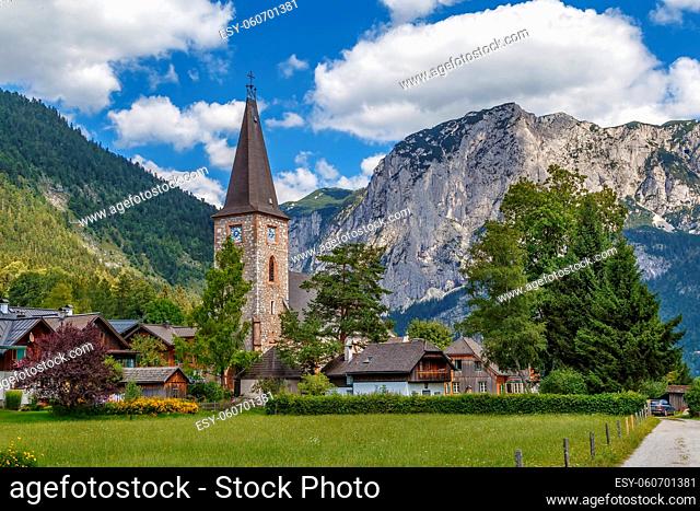 View of Altaussee village with parish church, Styria, Austria