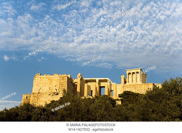 Entrance to the Acropolis, Temple of Athena Nike right, Athens, Greece