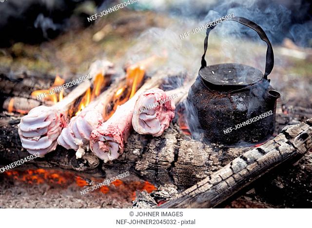 Kettle and animal bones on campfire