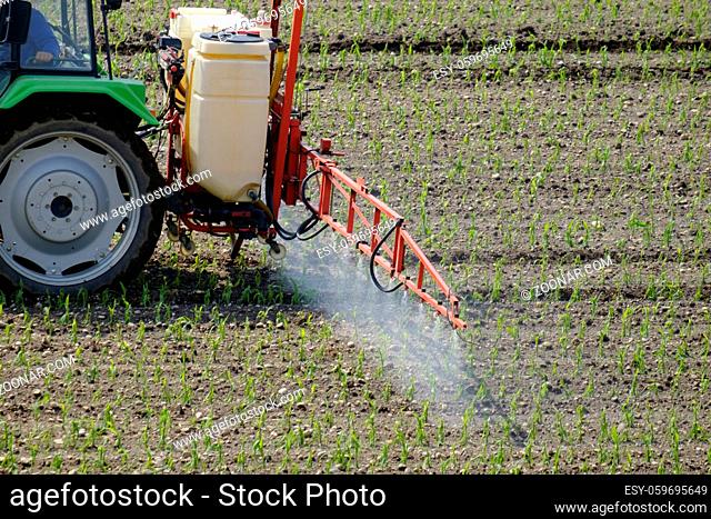 Tractor spraying pesticide on a field with young plants
